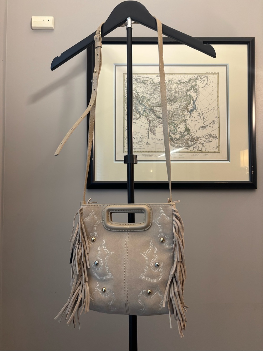 Mage M Bag Western Fringed Suede Crossbody Bag in Beige